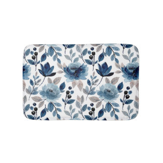Navy Blue Berry Roses Floral Pattern Bath Mat