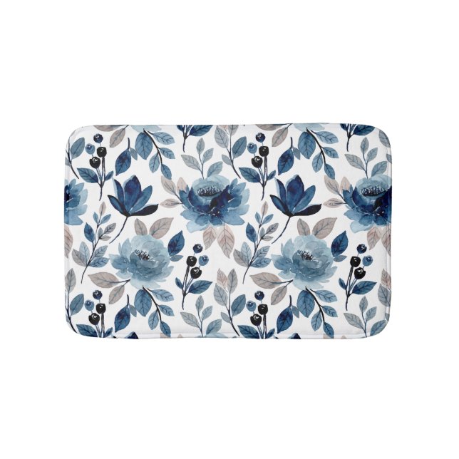 Navy Blue Berry Roses Floral Pattern Bath Mat (Front)