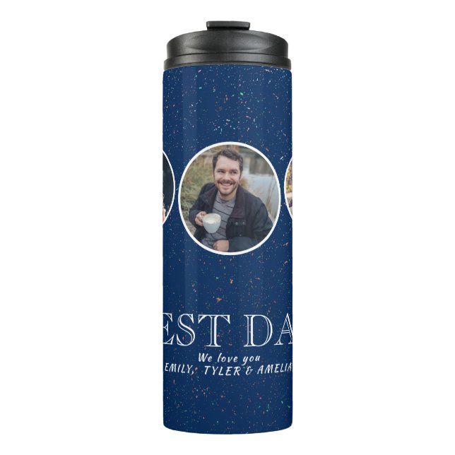 Navy Blue Best Dad Father`s Day 3 Photo Collage Thermal Tumbler (Front)