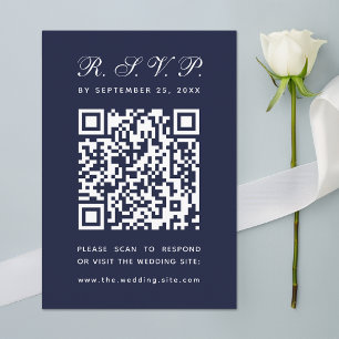 Navy Blue Big QR Code Simple Calligraphy Wedding RSVP Card
