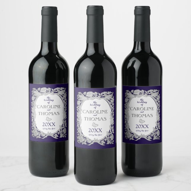 Navy Blue Bird Floral Ornate Drawing Wedding Wine Label (Bottles)