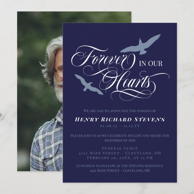 Navy Blue Birds Forever In Our Hearts Funeral Invitation (Front/Back)