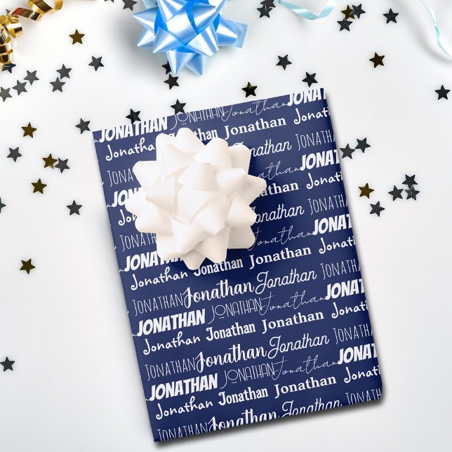 Navy Blue Birthday Custom Name Collage Wrapping Paper Sheet (Creator Uploaded)