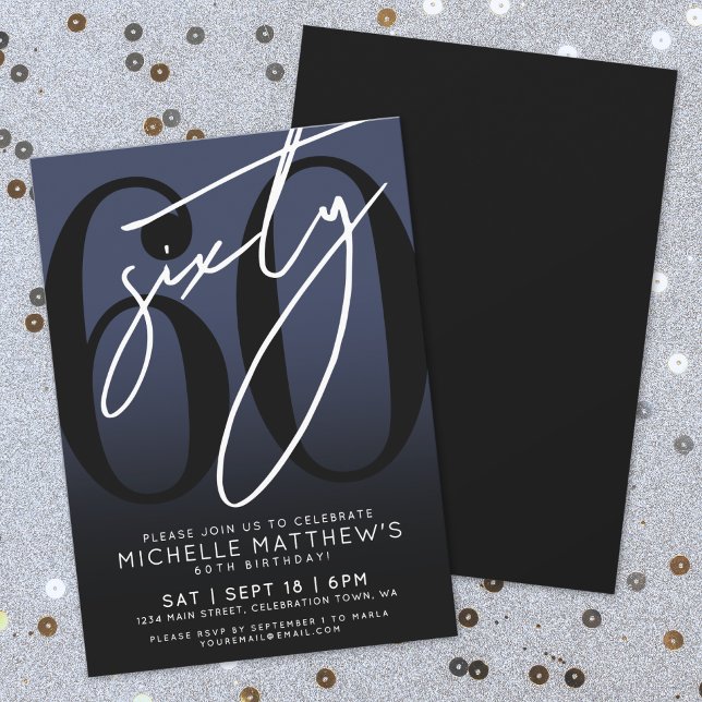 Navy Blue Black 60th Birthday Party Invitation (Navy Blue Black 60th Birthday Party Invitation)