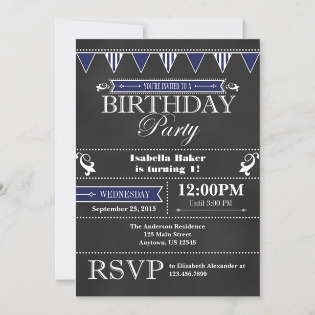 Navy Blue Black Chalkboard Birthday Invitation (Front)