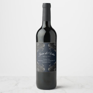 Navy Blue Black Floral Wedding  Wine Label