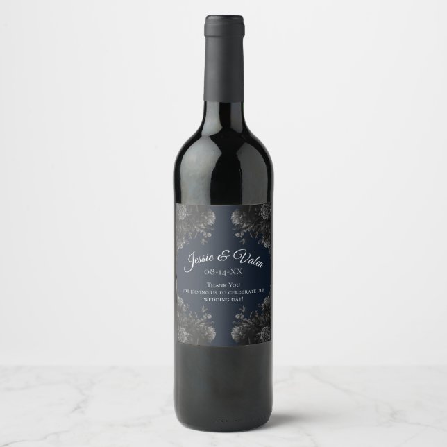 Navy Blue Black Floral Wedding  Wine Label (Front)
