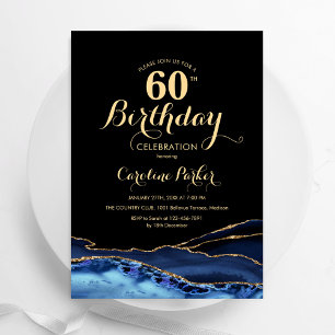 Navy Blue Black Gold Agate Marble 60th Birthday Invitation
