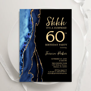 Navy Blue Black Gold Agate Surprise 60th Birthday Invitation