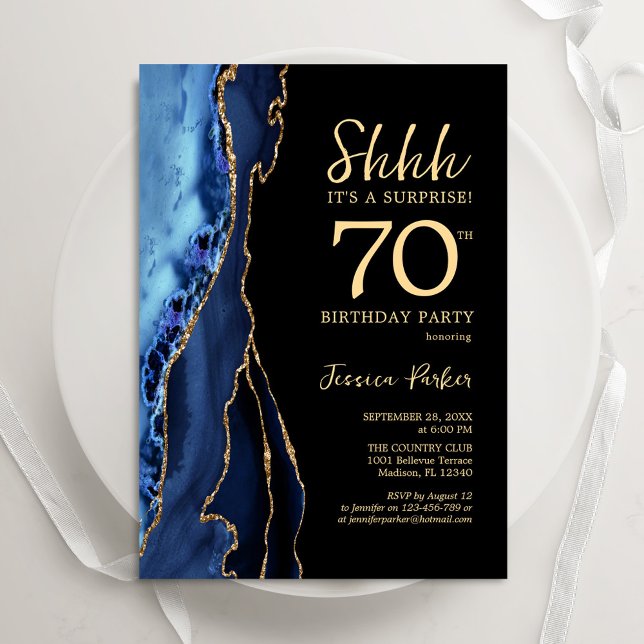 Navy Blue Black Gold Agate Surprise 70th Birthday Invitation (Creator Uploaded)