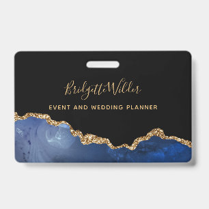 Navy Blue Black Gold Foil Agate Event Planner Badg ID Badge
