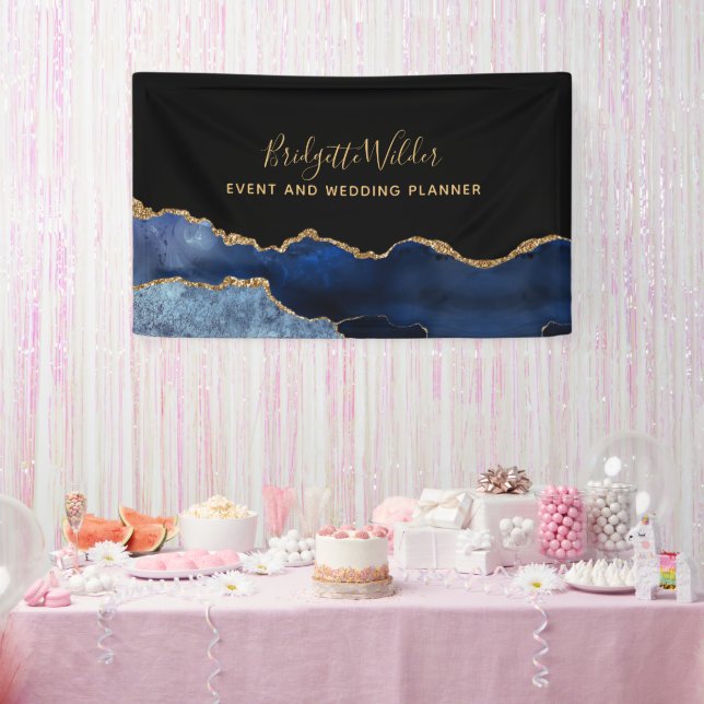 Navy Blue Black Gold Foil Agate Event Planner  Banner (Party)