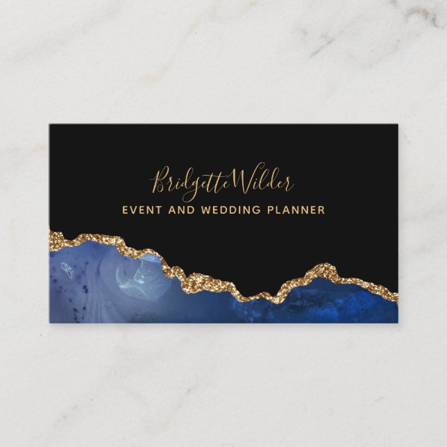 Navy Blue Black Gold Foil Agate Event Planner Business Card (Front)