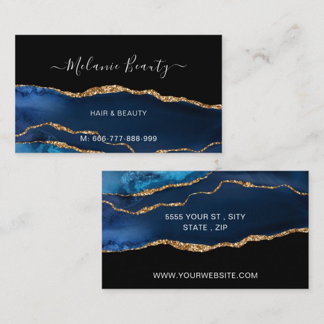 Navy Blue Black Gold Glitter Marble Business Card (Front/Back)