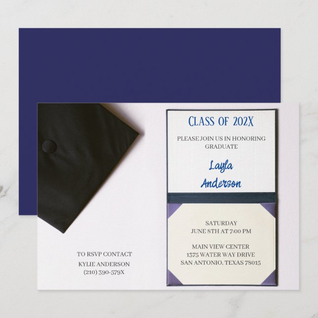 Navy Blue/Black Graduation Cap Diploma  Invitation (Front/Back)