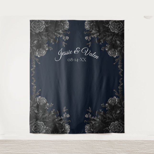 Navy Blue Black Grey Gothic Wedding Photo Backdrop Tapestry (Front)