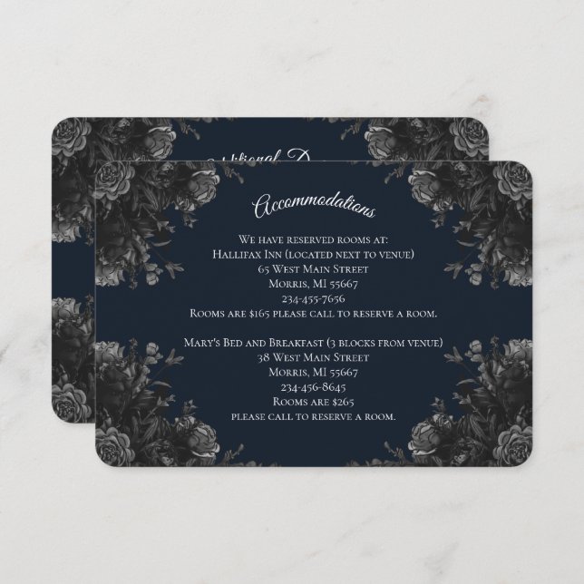 Navy Blue Black Grey Gothic Wedding RSVP Reply Enclosure Card (Front/Back)