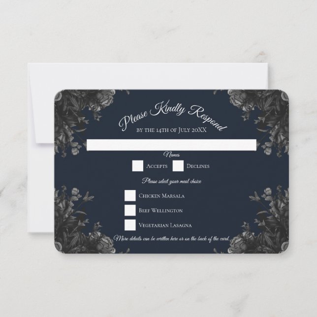 Navy Blue Black Grey Gothic Wedding RSVP Reply Invitation (Front)