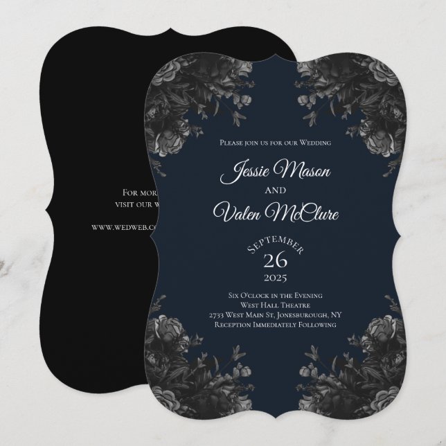 Navy Blue Black Grey Roses Gothic Elegant Wedding Invitation (Front/Back)
