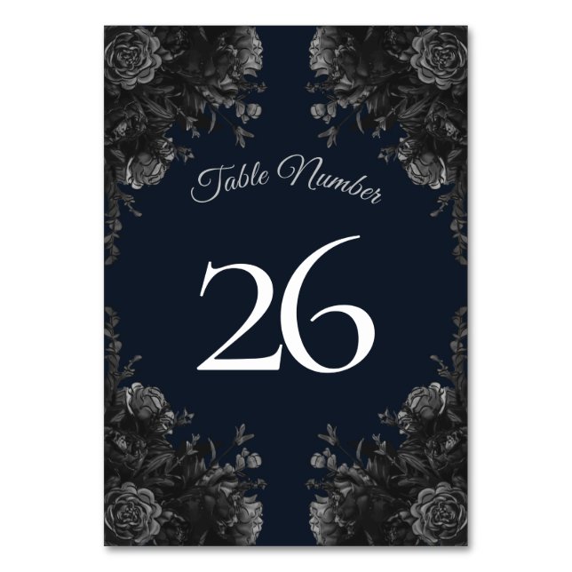 Navy Blue Black Grey Roses Gothic Wedding Table Number (Back)