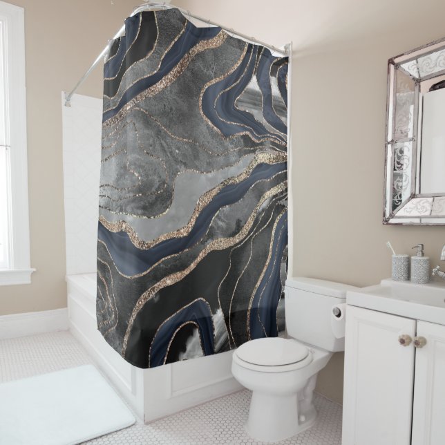 Navy Blue Black Marble Agate Gold Glitter Glam #1  Shower Curtain (In Situ)