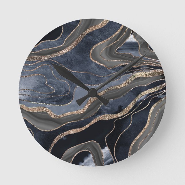 Navy Blue Black Marble Agate Gold Glitter Glam #2  Round Clock (Front)