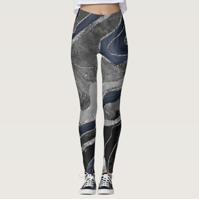 Navy Blue Black Marble Agate Silver Glitter Glam 2 Leggings (Front)