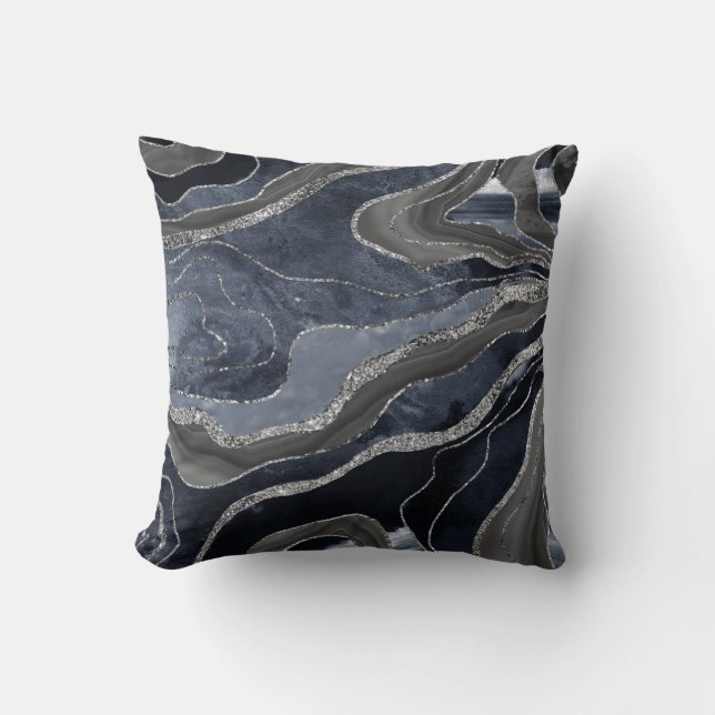 Navy Blue Black Marble Agate Silver Glitter Glam  Cushion (Front)