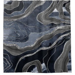 Navy Blue Black Marble Agate Silver Glitter Glam Shower Curtain