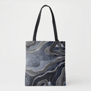 Navy Blue Black Marble Agate Silver Glitter Glam Tote Bag