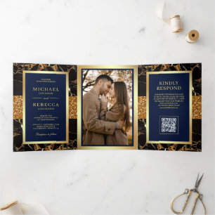 Navy Blue Black Marble Gold QR Code Wedding Tri-Fold Invitation