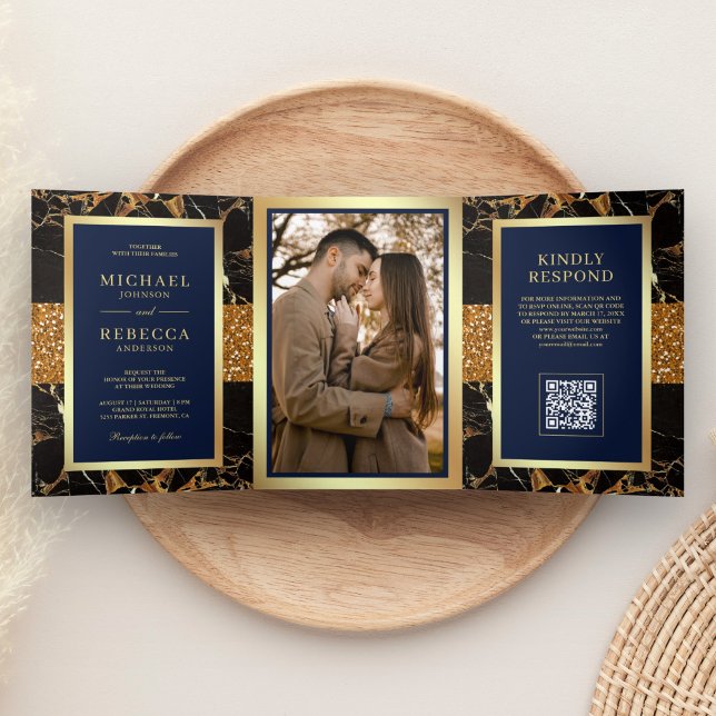 Navy Blue Black Marble Gold QR Code Wedding Tri-Fold Invitation (Creator Uploaded)