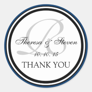 Navy Blue Black Monogram R Wedding Thank You Classic Round Sticker