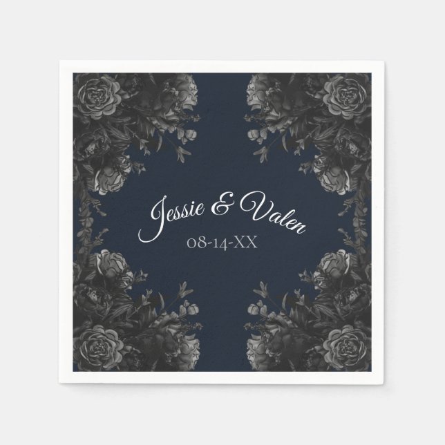 Navy Blue Black Roses Wedding Napkin (Front)