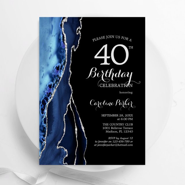 Navy Blue Black Silver Agate 40th Birthday Invitation (Creator Uploaded)