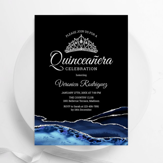 Navy Blue Black Silver Agate Quinceanera  Invitation (Creator Uploaded)
