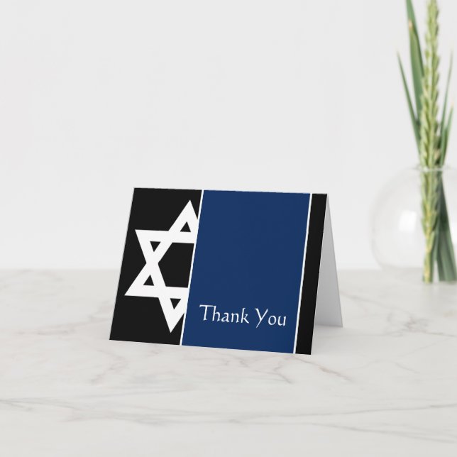 Navy Blue Black Star of David Bar Mitzvah Thank You Card (Front)