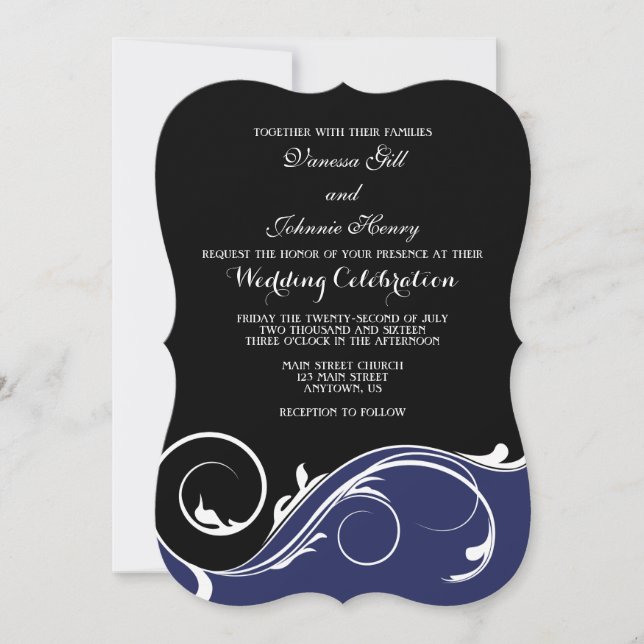Navy Blue Black Swirl Bracket Wedding Invites (Front)
