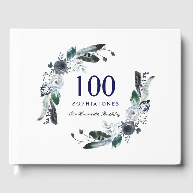 Navy Blue Black White Floral 100th Birthday Guest Book (Front)