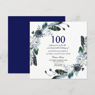Navy Blue Black White Floral 100th Birthday Invite