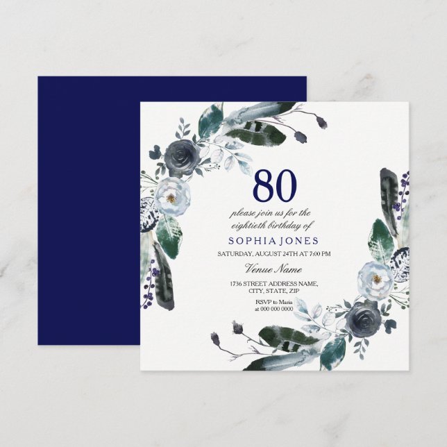 Navy Blue Black White Floral 80th Birthday Invite (Front/Back)