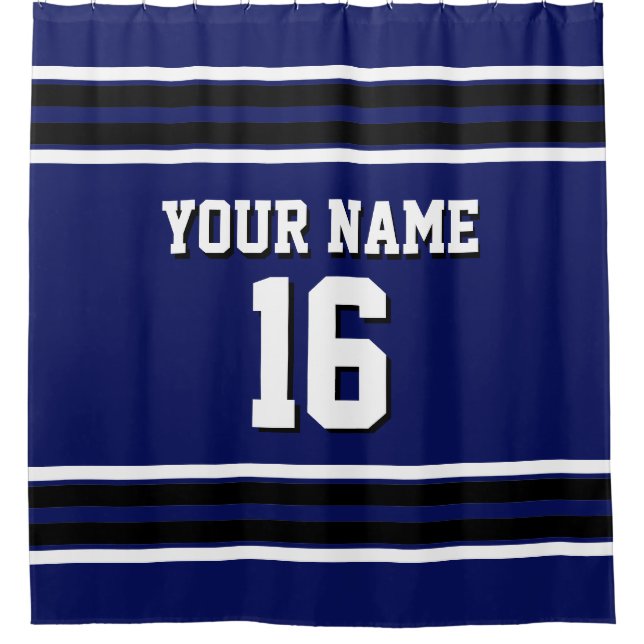Navy Blue Black White Stripes Sports Jersey Shower Curtain (Front)