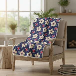 Navy Blue Blanket with Cream Flowers