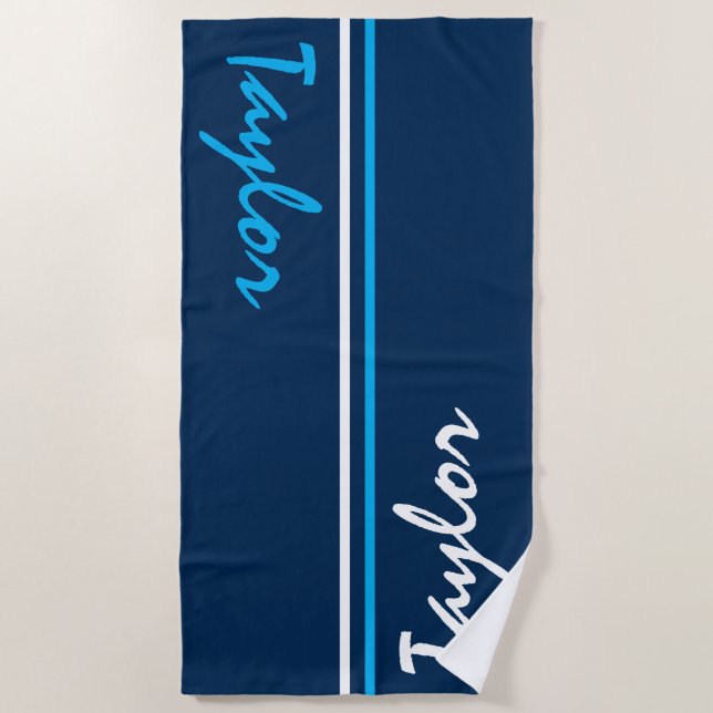 Navy Blue, Blue and White Striped Custom Name Beach Towel (Front)