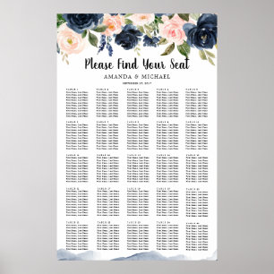 Navy Blue Blue Blush Pink Botanical Seating Chart