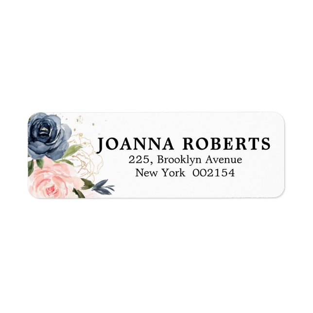 Navy Blue Blue Blush Pink Rose Botanical Address (Front)