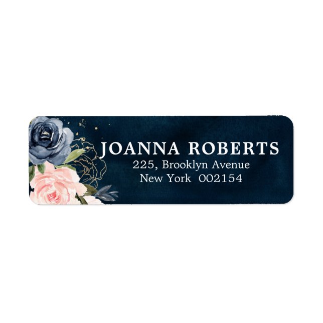 Navy Blue Blue Blush Pink Rose Botanical Address (Front)
