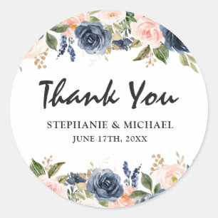 Navy Blue Blue Blush Pink Rose Botanical Classic Round Sticker
