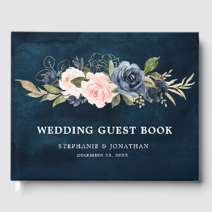 Navy Blue Blue Blush Pink Rose Botanical Guest Book