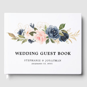 Navy Blue Blue Blush Pink Rose Botanical Guest Book